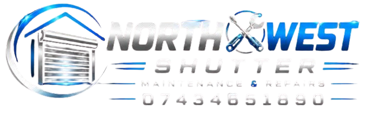 Logo for North West Shutter Maintenance & Repairs, featuring a shutter graphic with a blue circle and crossed wrench/tools, and the phone number 07434 851890.